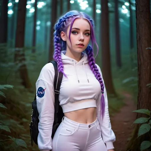 Prompt: A girl with purple eyes, long blue purple and pink hair with braids, and pale skin wearing a puffy white crop top, white leggings, and white boots. The girl has a space themed satchel on her shoulder. She is in a forest looking up at the beautiful lit up night sky. 