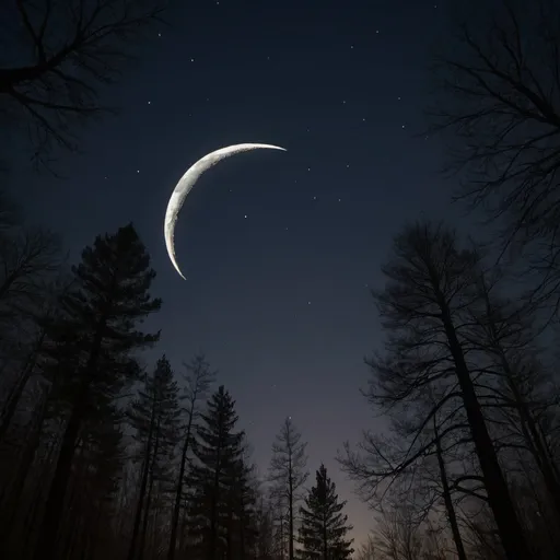 Prompt: a crescent moon shining above a forest, the crescent looks like a smile