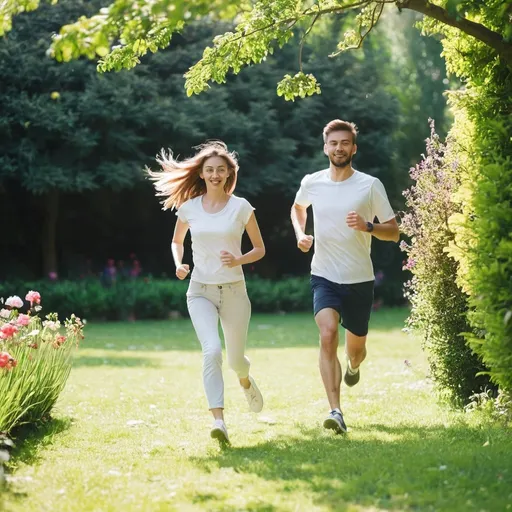 Prompt: young couple are running in a beautiful garden in a sunny day