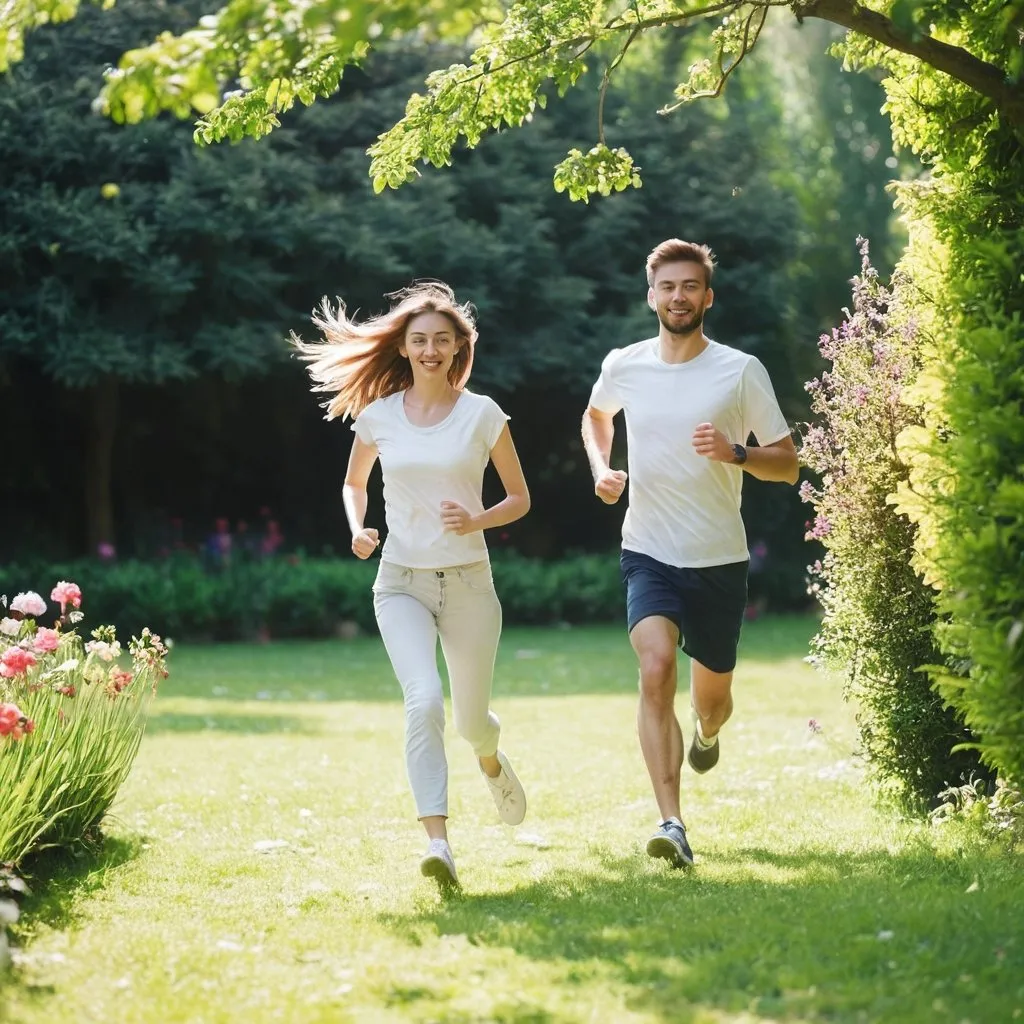 Prompt: young couple are running in a beautiful garden in a sunny day