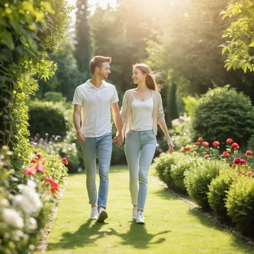 Prompt: young couple are brisk walking in a beautiful garden in a sunny day