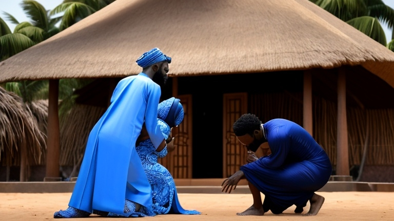 Prompt: Adewole stands over a couple in front of a thatched hut. The wife, in a traditional wrap dress, is being dragged toward him, while the husband kneels in desperation, tears streaming down his face. Adewole’s blue agbada billows around him, reflecting his cold power.