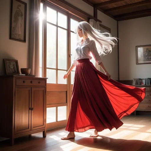 Prompt: The back of a long-straight white haired anime girl with untied hair. The anime girl is wearing a buttoned shirt and a red pleated maxi long skirt that is extremely long. The anime girl is standing on a wooden floor.