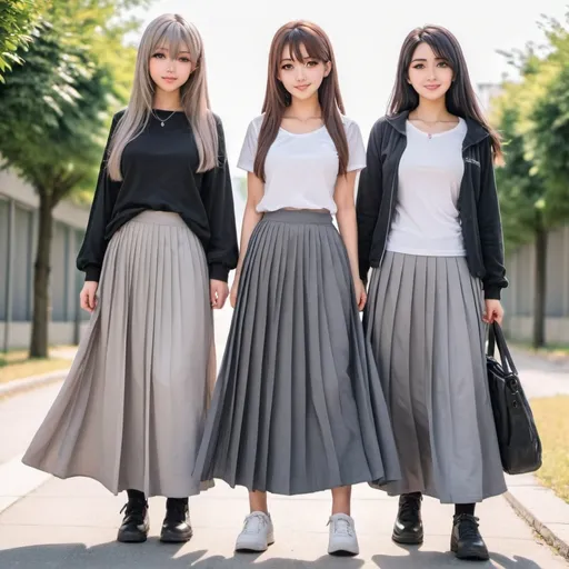 Prompt: Anime girls wearing maxi long pleated grey skirts.