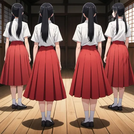 Prompt: The backs of multiple long-straight-black haired anime girls with untied hair who are wearing maxi long pleated red skirts that are extremely long. The girls are standing on a wooden floor while holding each of their own short fat wooden straight poles up in the air. The girls are wearing short-sleeved white buttoned shirts. The long pleated red skirts are very long.