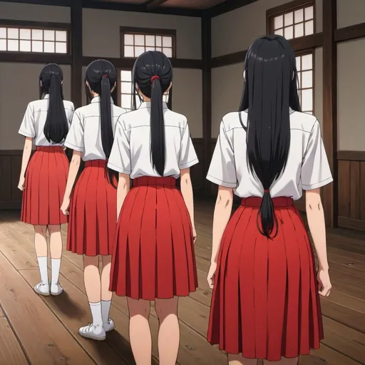 Prompt: The backs of multiple long-straight-black haired anime girls with untied hair who are wearing maxi long pleated red skirts that are extremely long. The girls are standing on a wooden floor while holding each of their own long fat wooden straight sticks. The girls are wearing short-sleeved white buttoned shirts.