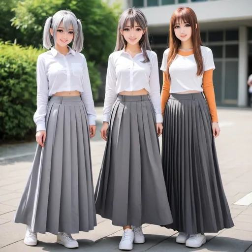 Prompt: Anime girls wearing maxi long pleated grey skirts.