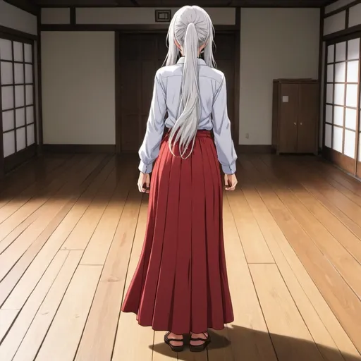 Prompt: The back of a long-straight white haired anime girl with untied hair. The anime girl is wearing a buttoned shirt and a red pleated maxi long skirt that is extremely long. The anime girl is standing on a wooden floor.