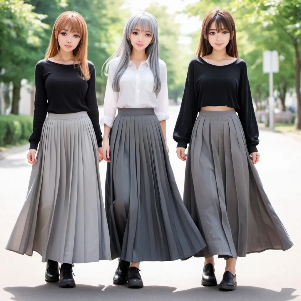 Prompt: Anime girls wearing maxi long pleated grey skirts.