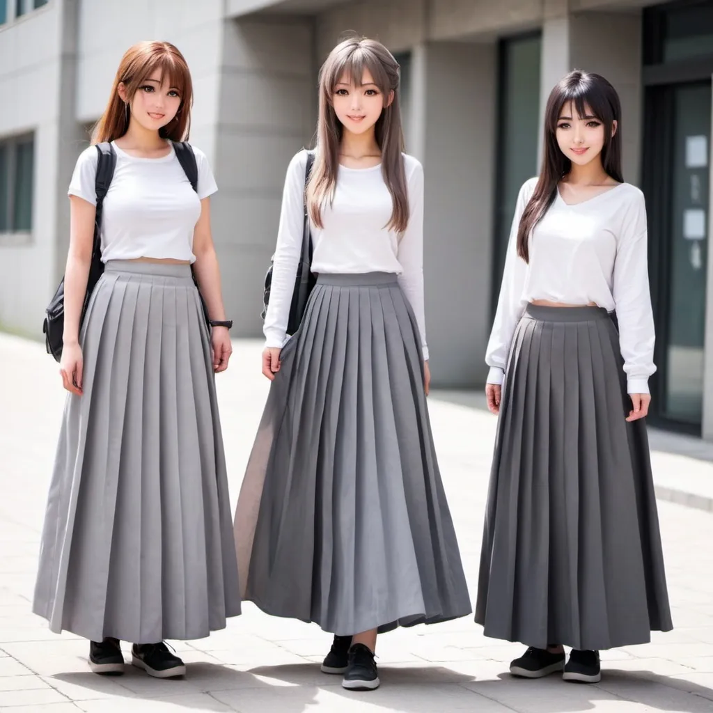 Prompt: Anime girls wearing maxi long pleated grey skirts.