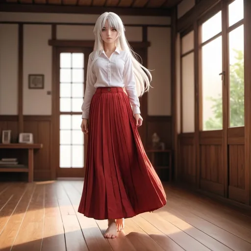 Prompt: The back of a long-straight white haired anime girl with untied hair. The anime girl is wearing a buttoned shirt and a red pleated maxi long skirt that is extremely long. The anime girl is standing on a wooden floor.