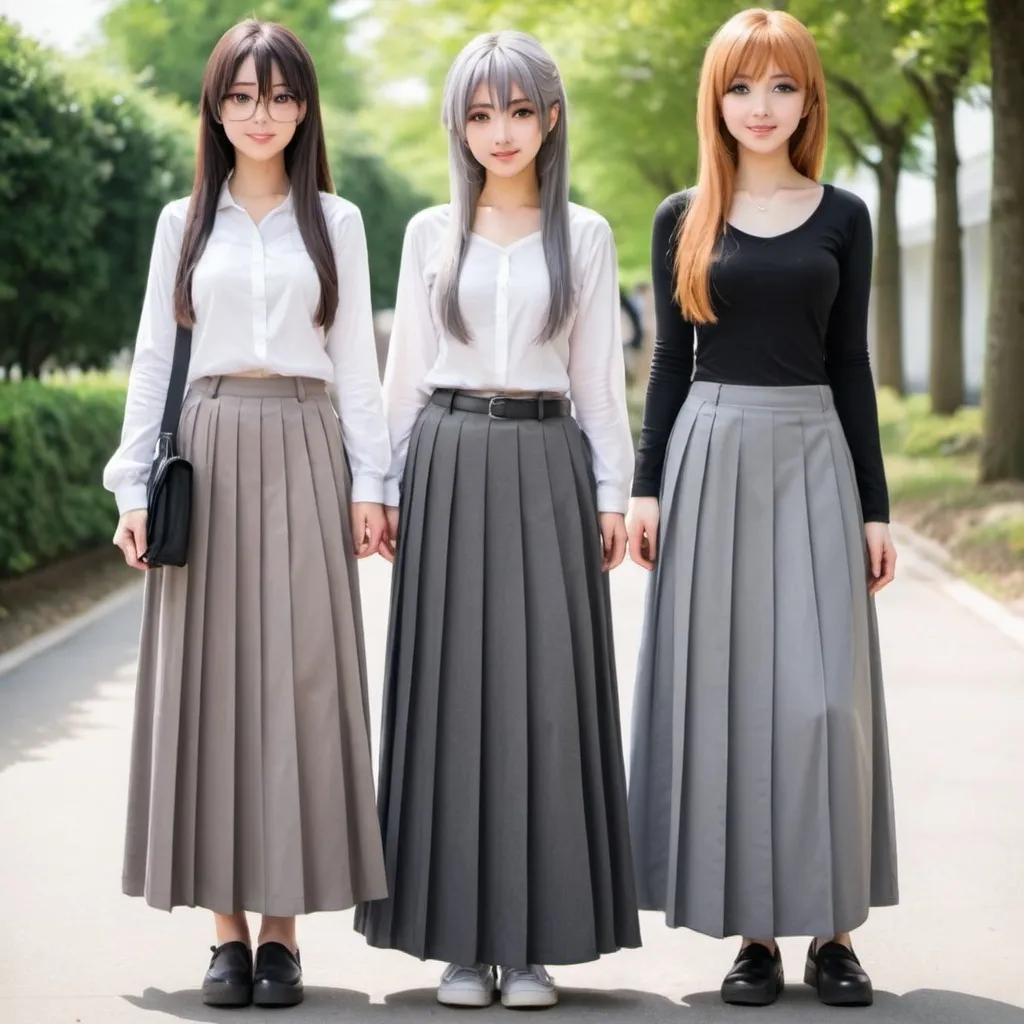 Prompt: Anime girls wearing maxi long pleated grey skirts.