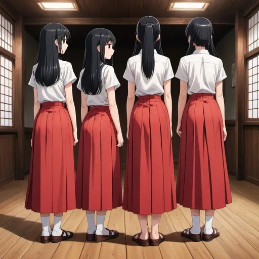 Prompt: The backs of multiple long-straight-black haired anime girls with untied hair who are wearing maxi long pleated red skirts that are extremely long. The girls are standing on a wooden floor while holding each of their own short fat wooden straight poles up in the air. The girls are wearing short-sleeved white buttoned shirts. The long pleated red skirts are very long.