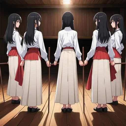 Prompt: The backs of multiple long-straight-black haired anime girls with untied hair who are wearing white buttoned shirts and maxi long pleated red skirts that are very long. The girls are standing on a wooden floor while holding each of their own long fat wooden straight sticks up in the air.