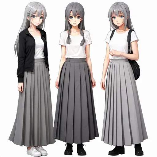 Prompt: Anime girls wearing maxi long pleated grey skirts.