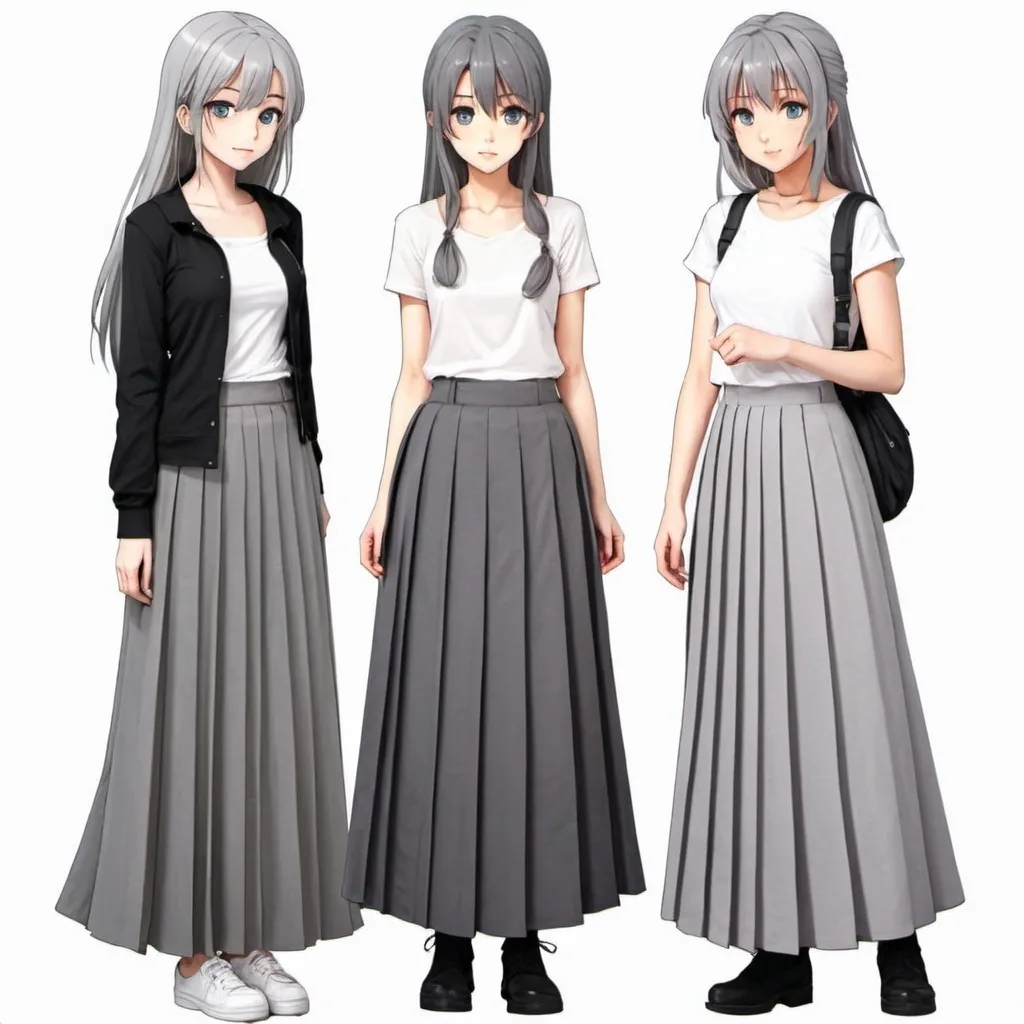 Prompt: Anime girls wearing maxi long pleated grey skirts.