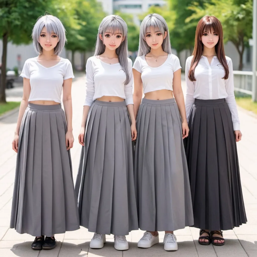 Prompt: Anime girls wearing maxi long pleated grey skirts.