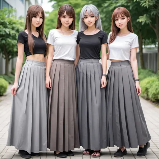 Prompt: Anime girls wearing maxi long pleated grey skirts.