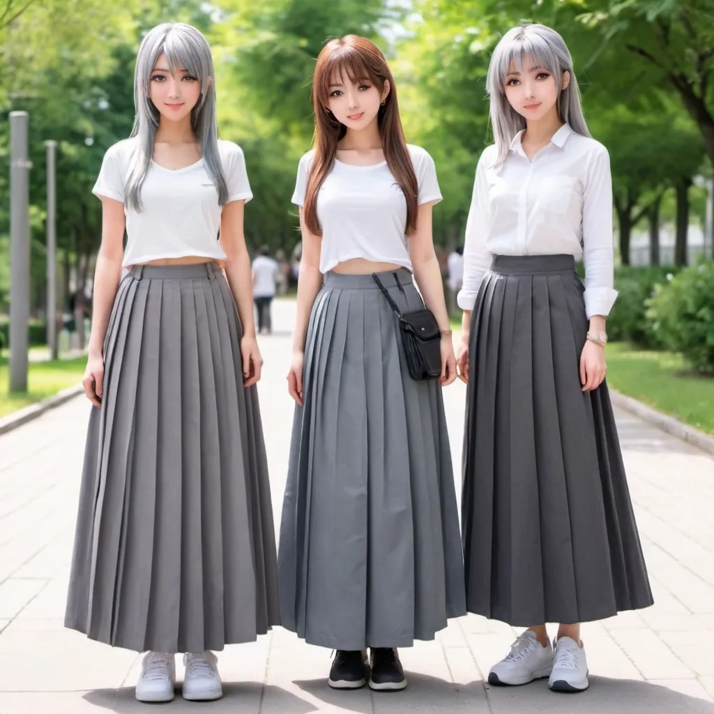 Prompt: Anime girls wearing maxi long pleated grey skirts.