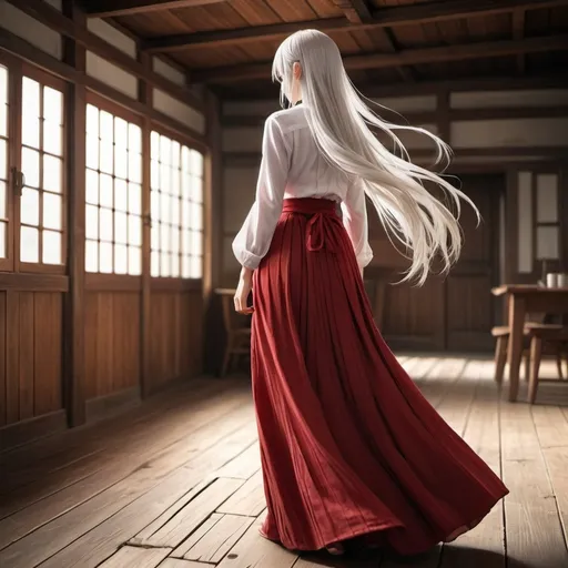 Prompt: The back of a long-straight white haired anime girl with untied hair. The anime girl is wearing a buttoned shirt and a red pleated maxi long skirt that is extremely long. The anime girl is standing on a wooden floor.