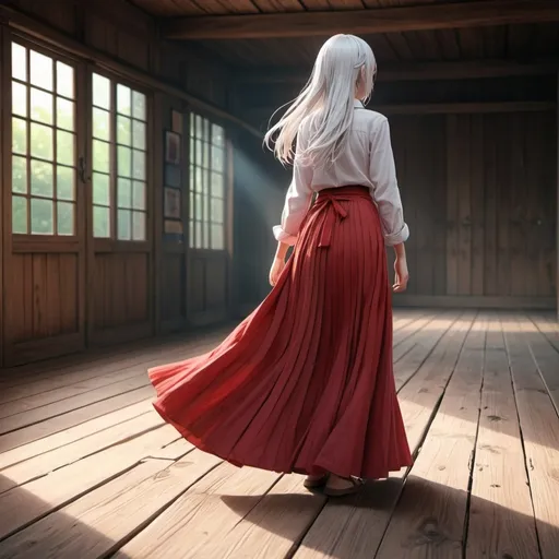 Prompt: The back of a long-straight white haired anime girl with untied hair. The anime girl is wearing a buttoned shirt and a red pleated maxi long skirt that is extremely long. The anime girl is standing on a wooden floor.