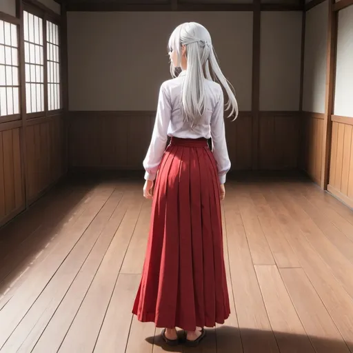 Prompt: The back of a long-straight white haired anime girl with untied hair. The anime girl is wearing a buttoned shirt and a red pleated maxi long skirt that is extremely long. The anime girl is standing on a wooden floor.