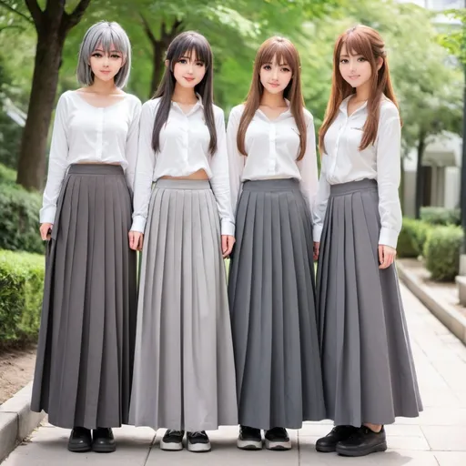 Prompt: Anime girls wearing maxi long pleated grey skirts.