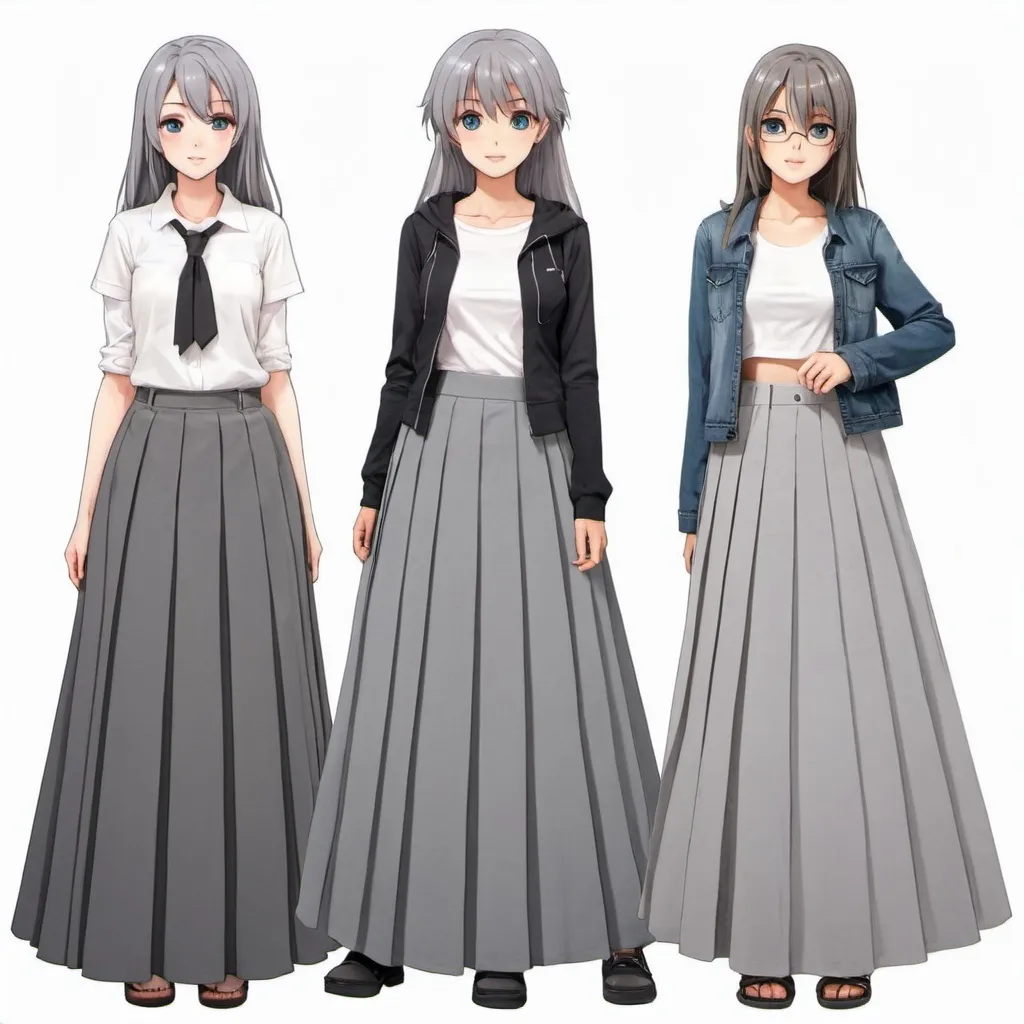 Prompt: Anime girls wearing maxi long pleated grey skirts.