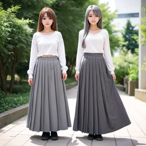 Prompt: Anime girls wearing maxi long pleated grey skirts.