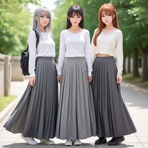 Prompt: Anime girls wearing maxi long pleated grey skirts.