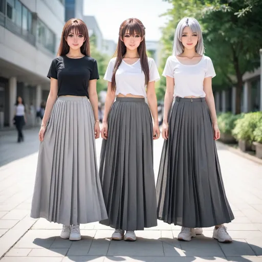 Prompt: Anime girls wearing maxi long pleated grey skirts.