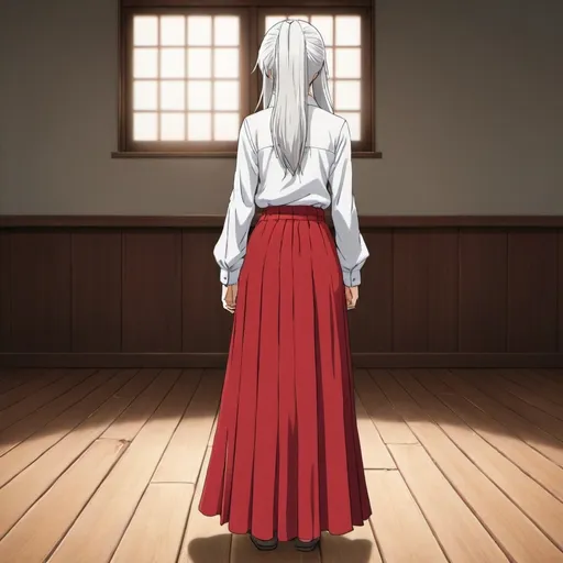 Prompt: The back of a long-straight white haired anime girl with untied hair. The anime girl is wearing a buttoned shirt and a red pleated maxi long skirt that is extremely long. The anime girl is standing on a wooden floor.