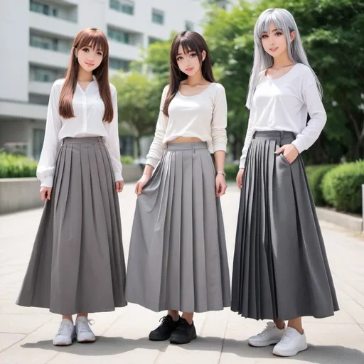 Prompt: Anime girls wearing maxi long pleated grey skirts.