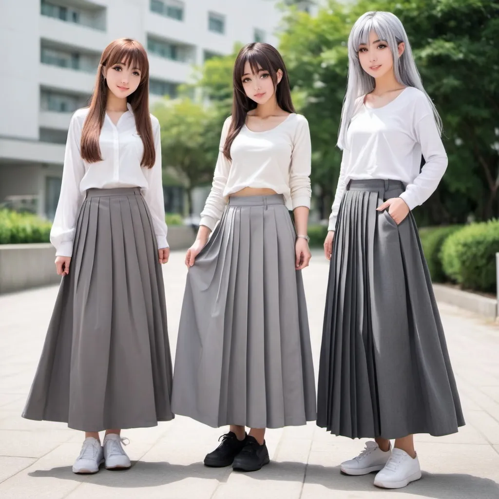 Prompt: Anime girls wearing maxi long pleated grey skirts.