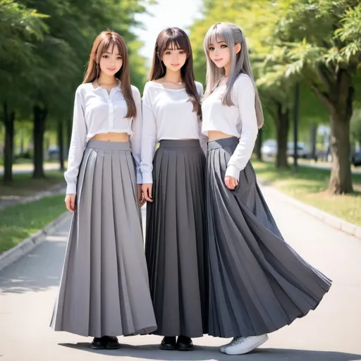 Prompt: Anime girls wearing maxi long pleated grey skirts.