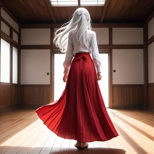 Prompt: The back of a long-straight white haired anime girl with untied hair. The anime girl is wearing a buttoned shirt and a red pleated maxi long skirt that is extremely long. The anime girl is standing on a wooden floor.