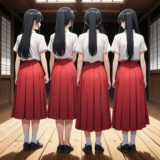 Prompt: The backs of multiple long-straight-black haired anime girls with untied hair who are wearing maxi long pleated red skirts that are extremely long. The girls are standing on a wooden floor while holding each of their own short fat wooden straight poles up in the air. The girls are wearing short-sleeved white buttoned shirts. The long pleated red skirts are very long.