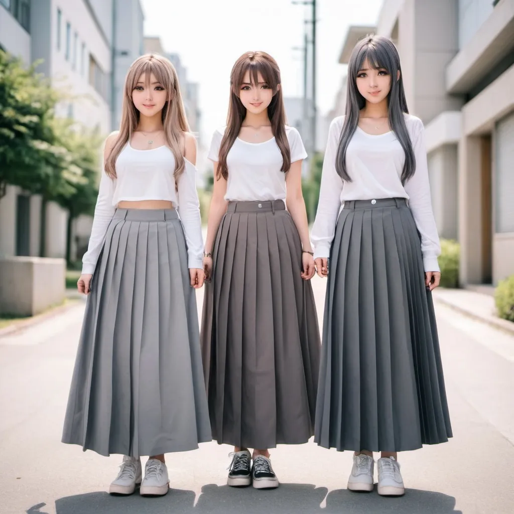 Prompt: Anime girls wearing maxi long pleated grey skirts.