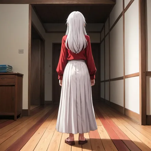 Prompt: The back of a long-straight white haired anime girl with untied hair. The anime girl is wearing a buttoned shirt and a red pleated maxi long skirt that is extremely long. The anime girl is standing on a wooden floor.