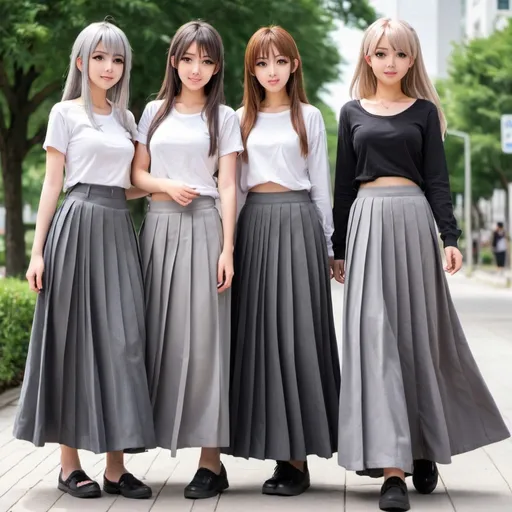 Prompt: Anime girls wearing maxi long pleated grey skirts.