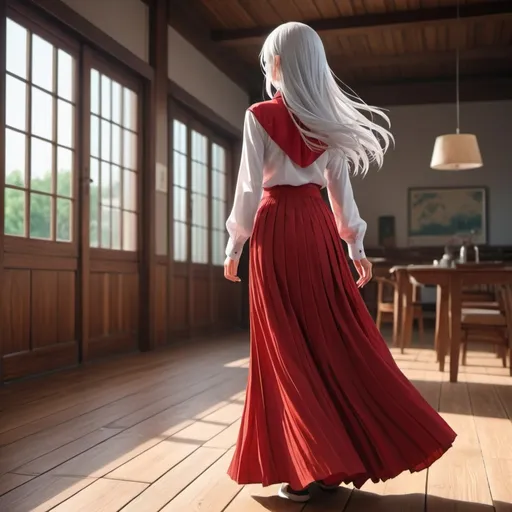 Prompt: The back of a long-straight white haired anime girl with untied hair. The anime girl is wearing a buttoned shirt and a red pleated maxi long skirt that is extremely long. The anime girl is standing on a wooden floor.