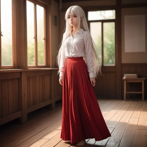 Prompt: The back of a long-straight white haired anime girl with untied hair. The anime girl is wearing a buttoned shirt and a red pleated maxi long skirt that is extremely long. The anime girl is standing on a wooden floor.