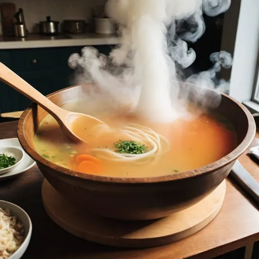 Prompt: a huge bowl of soup sitting on a table steam rising from it. a large wooden spoon is sitting in front of the bowl on the table