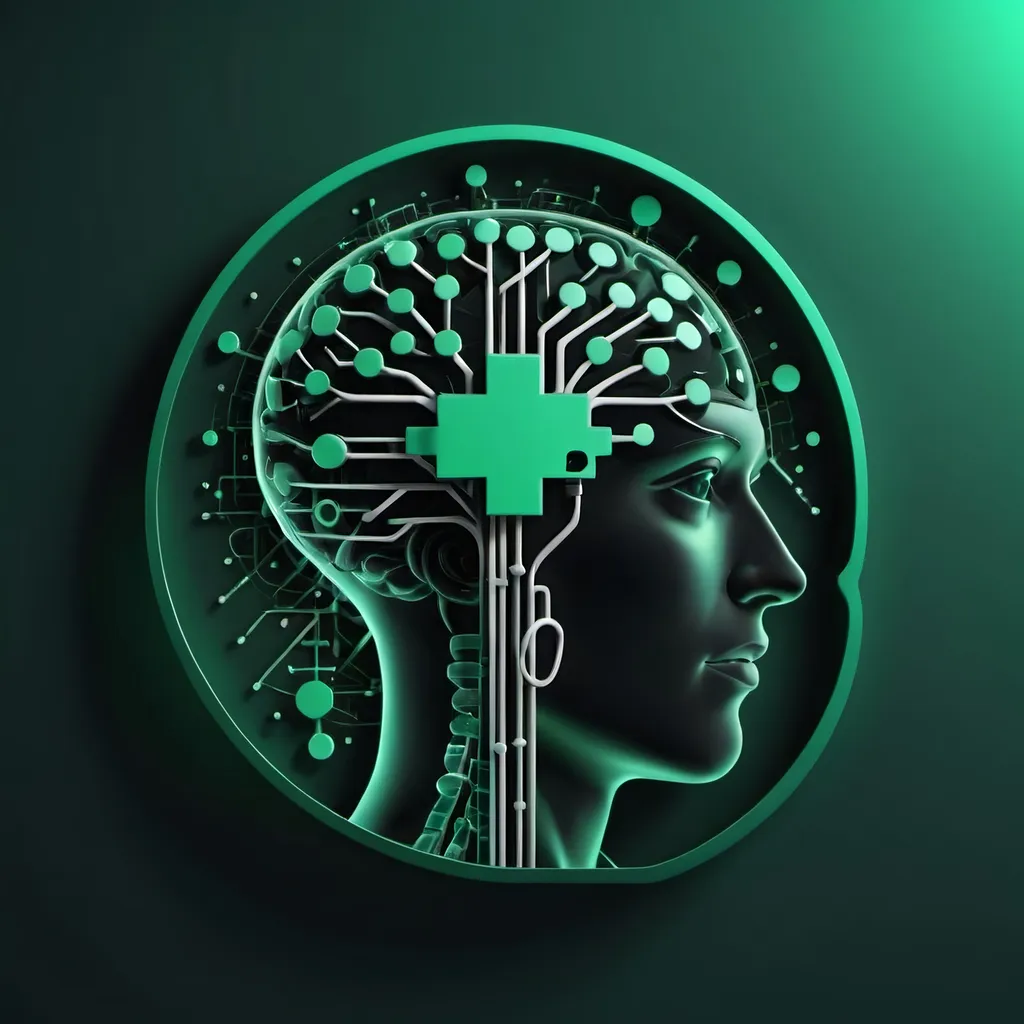 Prompt: A 3D icon highlighting the impact of AI on healthcare. Use a combination on green and black colour