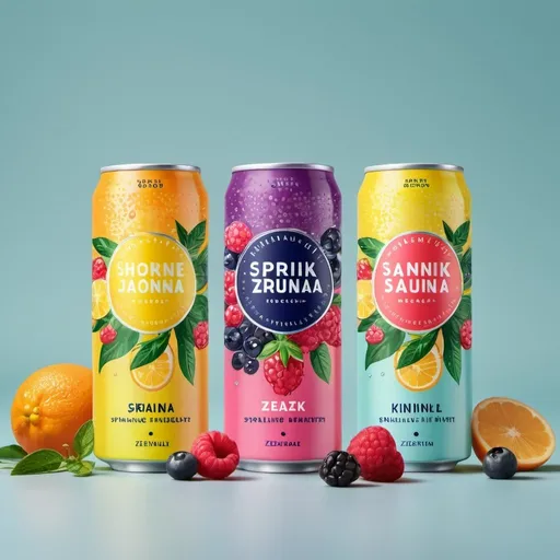 Prompt: mock-up for sparkling water product in 330ml can, with design theme being friendly & approachable, modern & minimalistic, and young & lively. Three flavors are bursting berries, zesty citrus, and vibrant tropicana