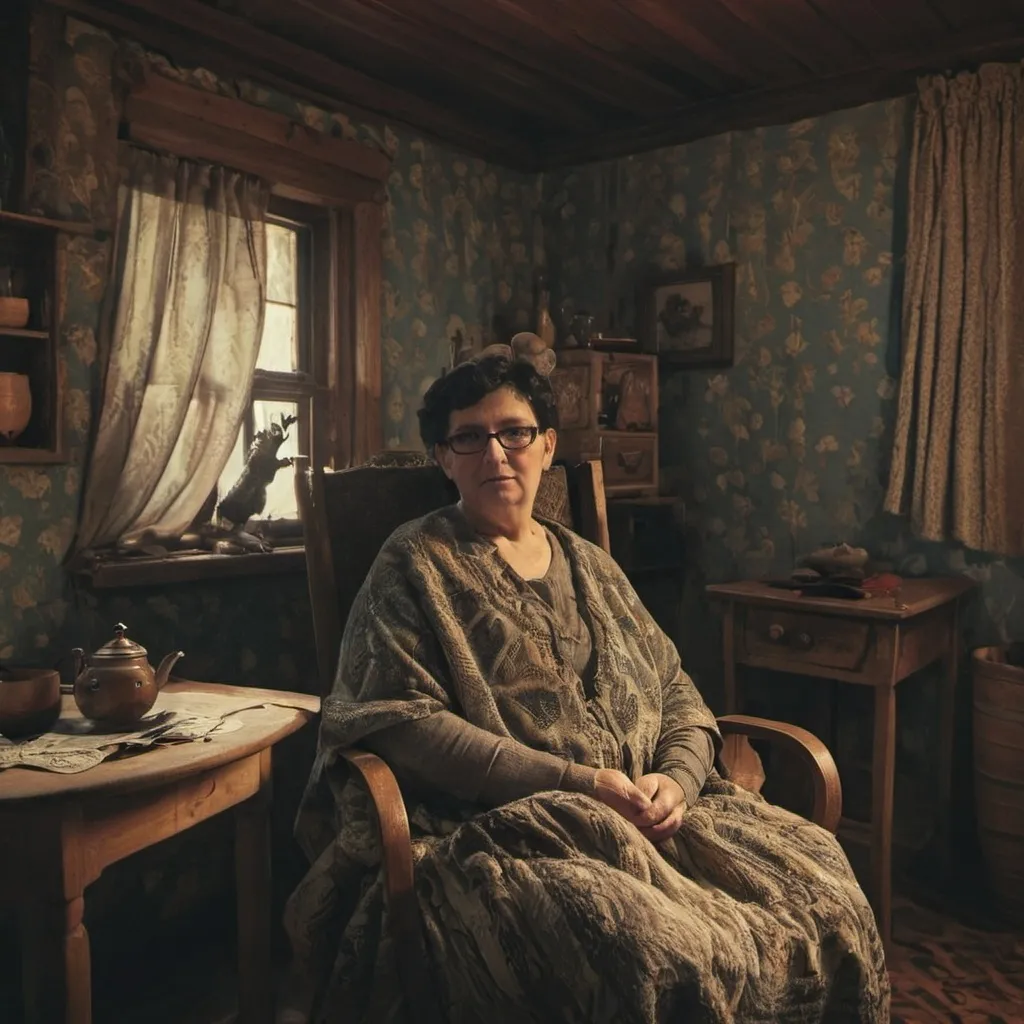 Prompt: Woman sitting in a chair watches over an old sick lady lying in bed, within a small village room, atmospheric RPG fantasy style. Intricately patterned blankets, haunting and melanc, vintage furniture in the background.