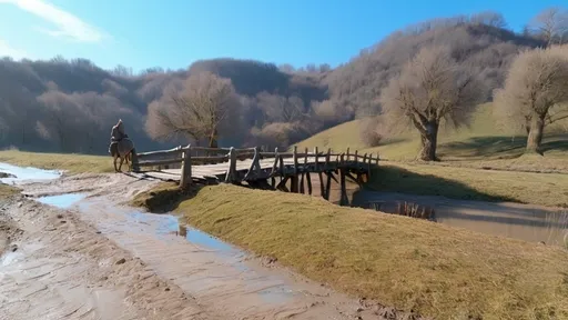 Prompt: old wooden bridge, mud road, man and donky by the road, fantasy art