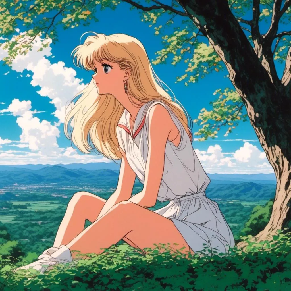 Prompt: <mymodel> 80's anime aesthetic, girl, focus on face, bottom top perspective, blonde tsundere sitting outside with beautiful view under a tree, aesthetic, photorealistic