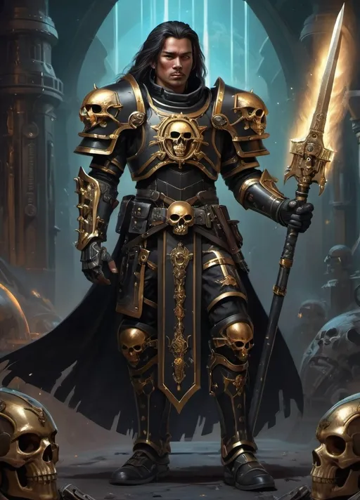 Prompt: Man in  Warhammer-style armor black with  gold and skull accents,  steam punk style armor, nobility, mid length hair, Filipino features, holding a long staffr, epic space fantasy,, character art, concept art, painters style, detailed, highres, epic, futuristic, intense, professional, vibrant colors, cosmic lighting, fantasy, space like trading post background