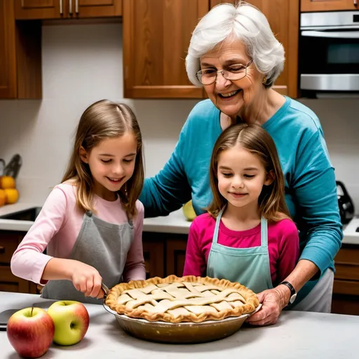 Prompt: A pictureof a grandmother cooking apple pie in the kitchen.Next to her is her usband and their 8 year old granddaughter who is reading the recipe